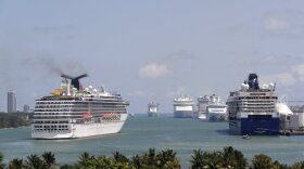 The Carnival Pride cruise ship arrives at PortMiami on April 7, 2020.