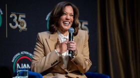 FILE - Former Vice President Kamala Harris speaks during the National Action Network Convention in New York, April 10, 2026