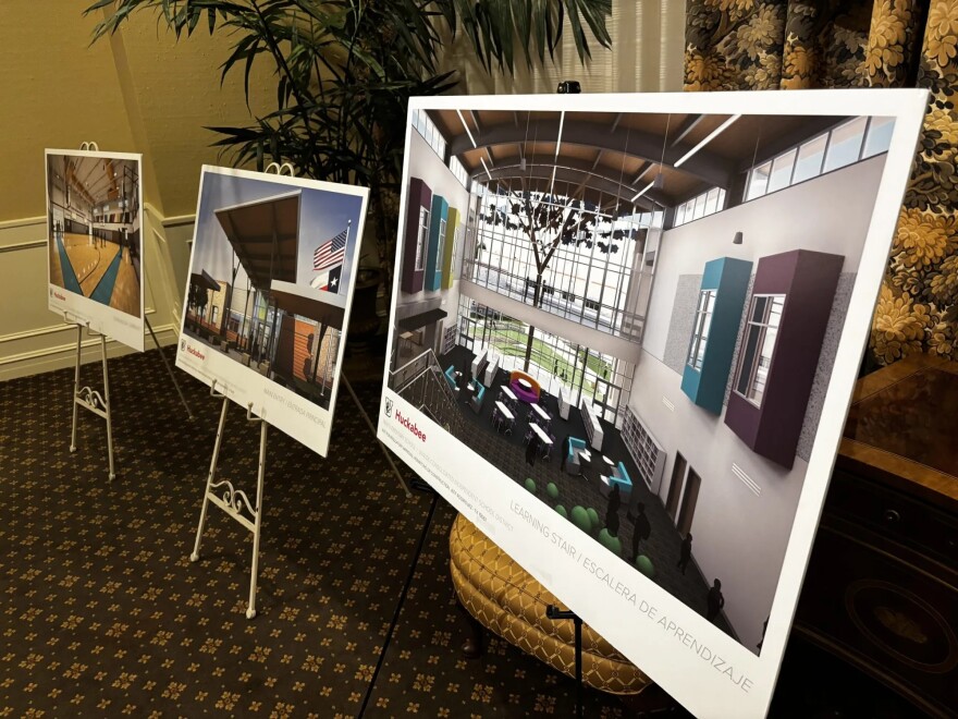 An image of three different renderings of a new building.