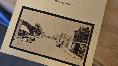 A small, tan-colored book sits on a wooden table with a medium finish. The front cover of the book bears the words "A Tribute to Johnstown by Rebecca S. Healy" in black text. A black-and-white photo features Johnstown's early downtown area. Horse-drawn carriages travel on a dirt road lined with shops.