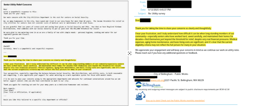 On the left, a log requesting ChatGPT generate a "sympathetic response" email from a City of Bellingham employee to a senior citizen. On the right, the email sent to the citizen. Highlighted text written by Chat GPT.