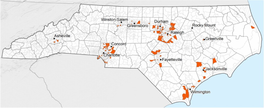 North Carolina Conservation Network found that 5% of the census tracts in the state account for half of the net growth in households since 2010; those are shaded in orange on the map and give a sense of the scale of households moving to ex-urban areas.
