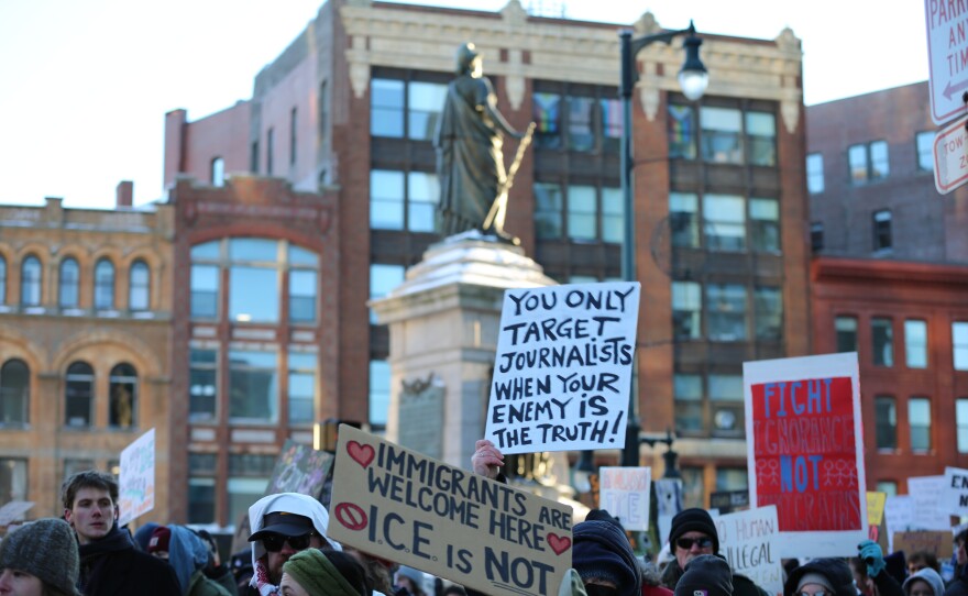 Over 1,000 people rally on Monument Square in Portland on Friday, Jan. 30, 2026.