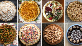 Stacey Mei Yan Fong has been baking her way across the United States: Clockwise from upper left, a baked Alaska pie, Utah's funeral potato pie, Nevada's all you can eat buffet pie, South Carolina's peach pie, Ohio's buckeye pie, Iowa's s'mores pie, Missouri's frozen custard pie, and Minnesota's corn dog casserole pie.
