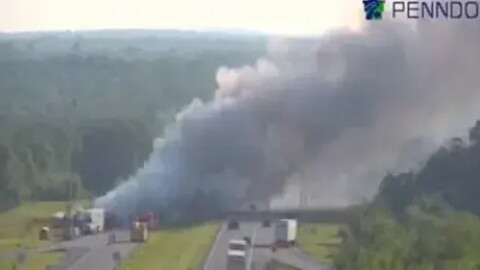 This screenshot from a PennDOT camera feed, reposted by the Department of Homeland Security, shows the aftermath of the July 1, 2026 crash that killed Pennsylvania State Trooper Michael Pahira Jr. on Interstate 81 in Schuylkill County.