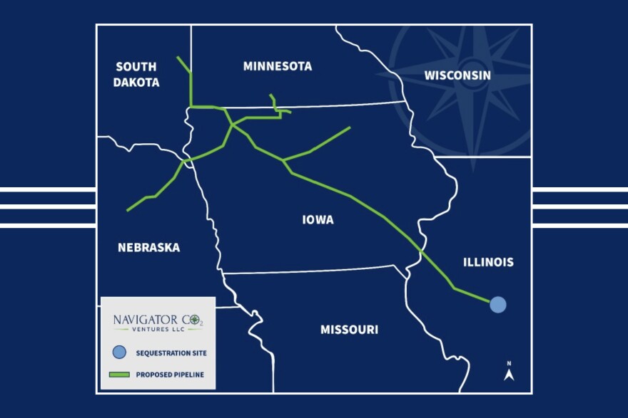 The proposed map shows the Illinois portion of the now-canceled Navigator Heartland Greenway pipeline.
