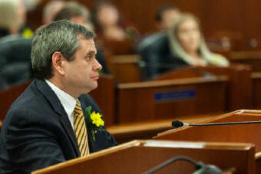 Anchorage Democrat Chris Tuck watches Lt. Gov. Kevin Meyer on Tuesday in Juneau. Tuck blocked Meyer from starting the process to swear in Eagle River Republican Sharon Jackson during the first House floor session. (Photo by Rashah McChesney/Alaska’s Energy Desk)