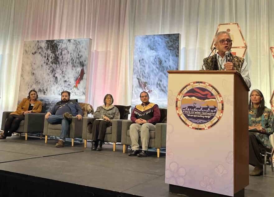 Ethan Petticrew talks about the benefits of culturally grounded education during a panel at the Elders and Youth Conference, Oct. 20, 2026 in Anchorage.