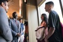 Mayor Brandon Johnson meets migrants staying at the 12th Police District station at 1412 S. Blue Island Ave on the near west side, Tuesday, May 16, 2023. Johnson's administration laid out a new long-term plan to manage the crisis.