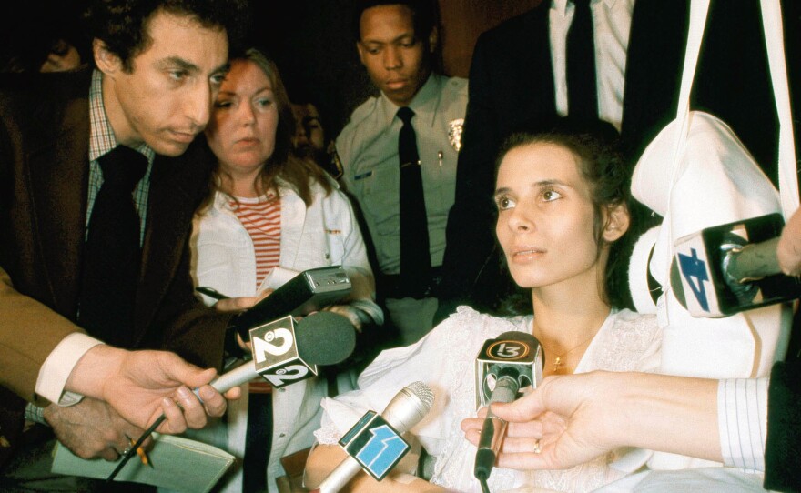 Theresa Saldana leaves the Beverly Hills court building where she had given testimony during a preliminary hearing in 1982 of Arthur Richard Jackson, who was later convicted of attempted murder. Saldana is heavily bandaged following a knife attack by Jackson on March 15, 1982.