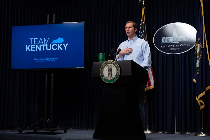 Gov. Andy Beshear speaks at a Team Kentucky update. 