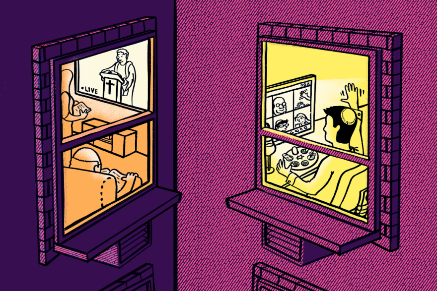 Illustration of two people inside apartments. One is watching an Easter service on TV. The other is sitting at a computer participating in a Seder.