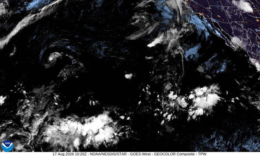 This satellite image shows Tropical Storm Lala west of the Hawaiian Islands on Monday morning, Aug. 17, 2026.