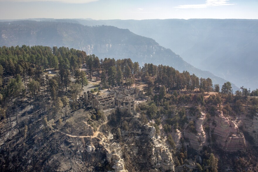 A aerial view of the burned North Rim infrastructure including the historic