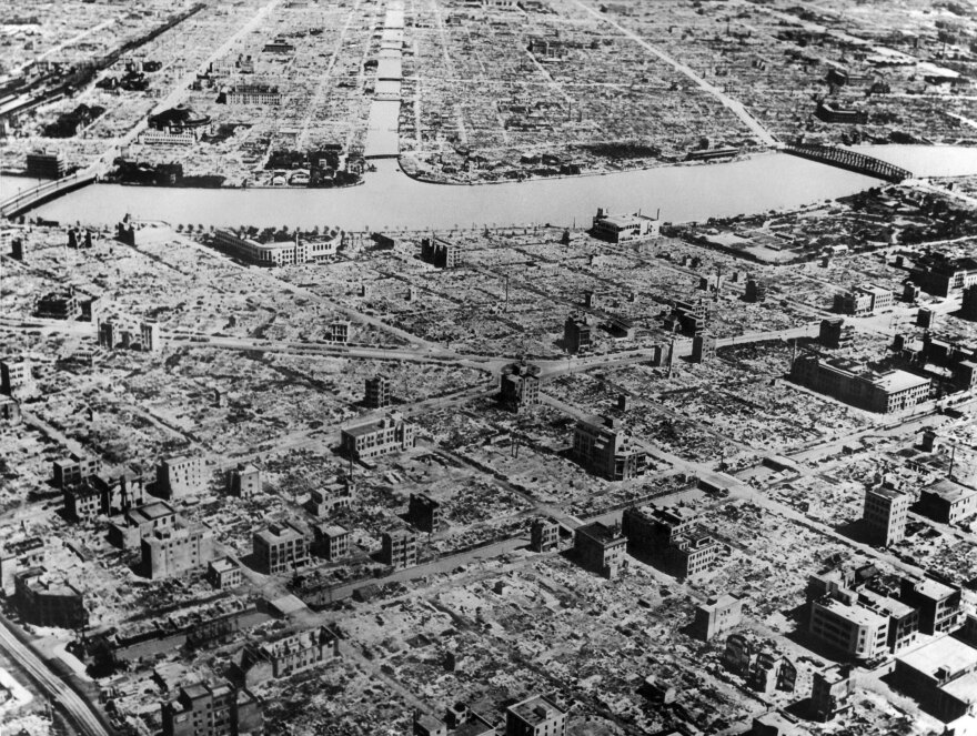 An aerial view of Tokyo shows destruction after American bombardment in 1945.