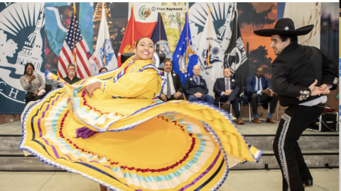 This is a photo of dancers at the 2024 kickoff event at Lansing City Hall for National Hispanic Heritage Month.