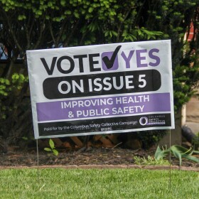 A sign in Columbus' Franklin Park neighborhood shows support for Issue 5, a charter amendment that will create a community crisis response team to answer non-violent 911 calls in place of police.