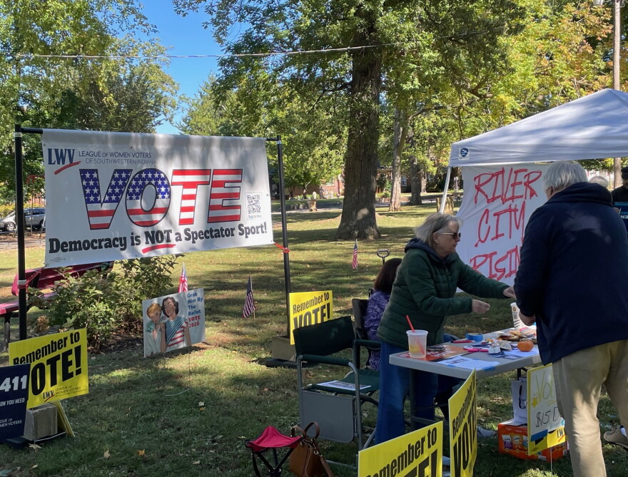 An informational booth at Vote Fest in Evansville's Vann Park, Oct. 18,