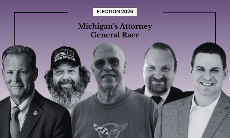 An “Election 2026” graphic headlined “Michigan’s Attorney General Race” on a purple gradient background. Five black-and-white candidate photos are arranged in a row: from left, an older man in a suit and tie; a man with long hair and a beard wearing a trucker hat that reads “Tread on Them”; an older man with glasses and a casual t-shirt; a man in a suit with a beard; and a younger clean-cut man in a blazer.
