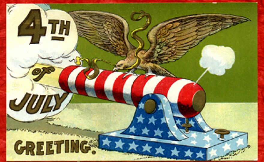 Vintage 4th of July postcard featuring a large eagle with outstretched wings perched on a red-and-white striped cannon barrel with a blue, star-patterned base. Billowing smoke forms the text '4th of July Greeting' on the left.