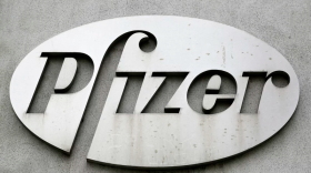 The Pfizer logo is displayed on the exterior of a former Pfizer factory, on May 4, 2014, in the Brooklyn borough of New York.