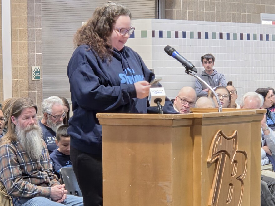 Skyla Malbraaten addresses the Bemidji School Board during the J.W. Smith closure public hearing at Bemidji High School on March 24, 2026.
