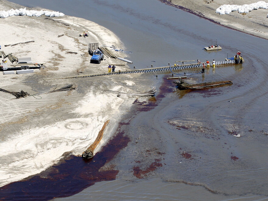 Workers construct a dam to keep oil from entering wetlands on Elmer's Island in Louisiana.