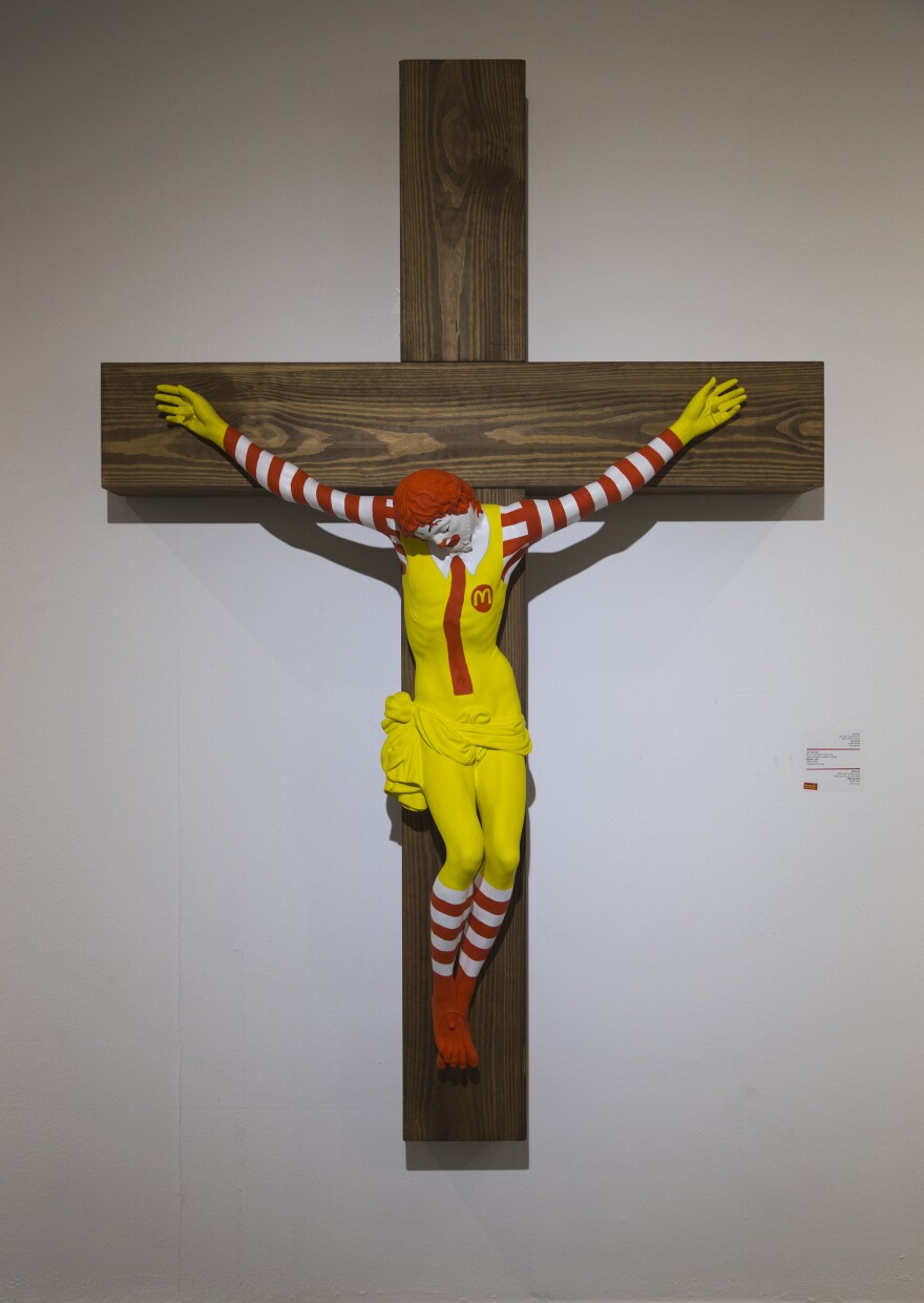 Jani Leinonen's <em>McJesus</em>, seen here Monday in Haifa, elicited a forceful pushback from local Christians. This week the mayor of the Israeli city, Einat Kalisch-Rotem, announced that the sculpture would be removed from the Haifa Museum of Art.