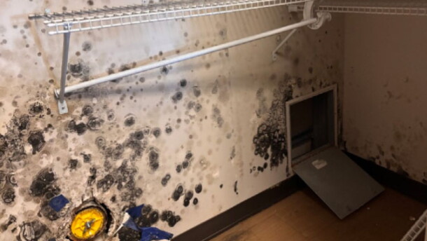 A photograph from an August 2026 Government Accountability Office report shows suspected mold in a barracks closet at Naval Station Norfolk.