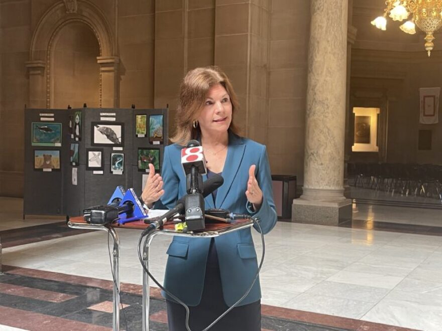 Rep. Carey Hamilton, D-Indianapolis, holds a news conference in response to one by the governor, on Monday, March 9, 2026.