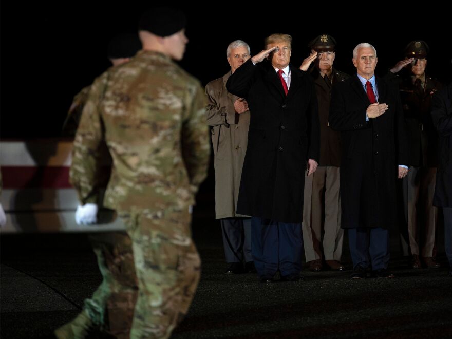 President Trump and Vice President Pence observe the dignified transfer of two U.S. soldiers, killed in Afghanistan, at Dover Air Force Base.