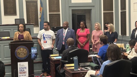 House Speaker Melissa Minor-Brown, ACLU of Delaware's Branden Fletcher, Rep. Larry Lambert (D-Claymont), and Rep. Mara Gorman, at a rally for HB 444 on June 7, 2026.