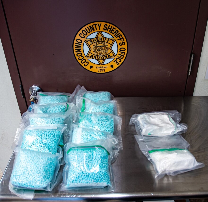 The Coconino County Sheriff’s Office says about 45,000 fentanyl pills were seized during a traffic stop near Happy Jack on Jan. 17, 2023.