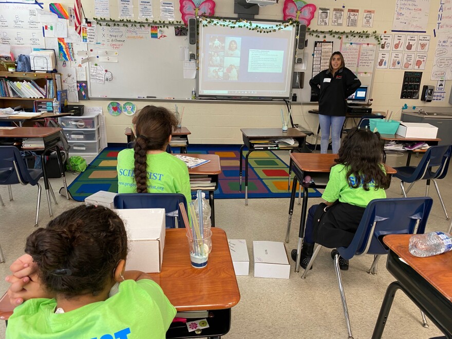 Ana Llanos tells girls at Devonshire Elementary about how she grew up to get an engineering degree and work for Trane Technologies.