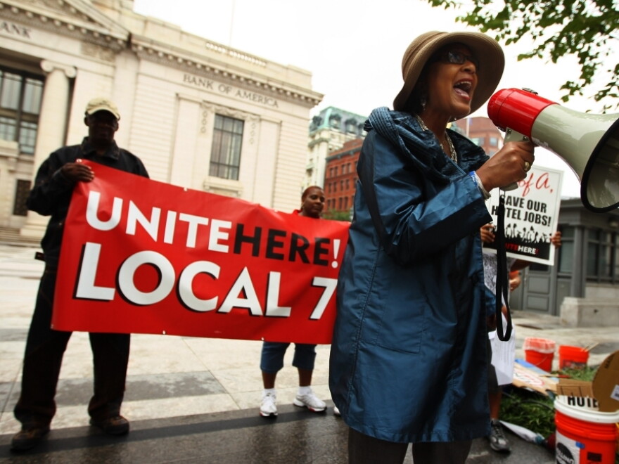 AFL-CIO Executive Arlene Holt Baker speaks at a protest in Washington DC. Unite Here represents hotel and restaurant workers.