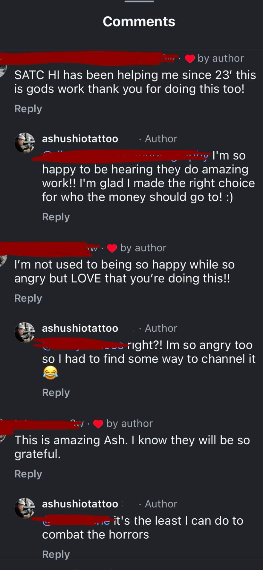 Comments under Ushio's post announcing the SATC fundraiser.