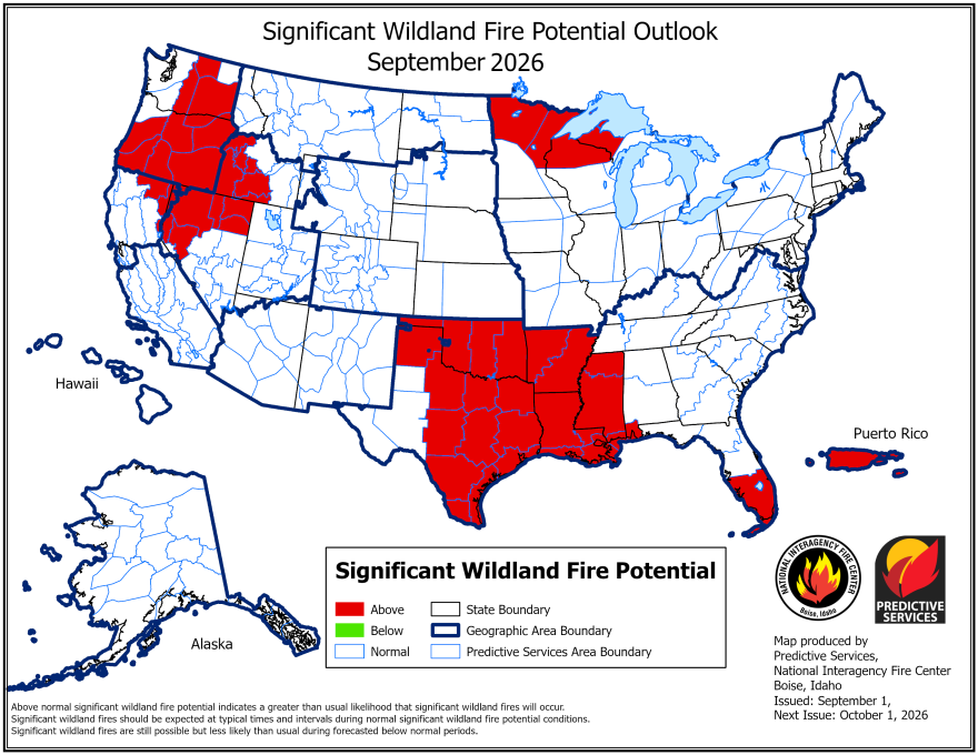 A map showing the wildland fire potential for September. Parts of the country are red, meaning above average potential. Wyoming is white, meaning normal fire potential.