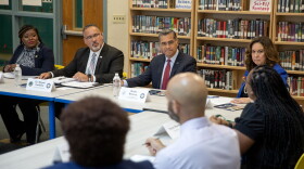 From left: U.S. Rep. Cori Bush, D-St. Louis County, U.S. Secretary of Education Miguel Cardona, U.S Secretary of Health and Human Services Xavier Becerra and U.S. Deputy Secretary of Education Cindy Marten attend a roundtable discussion on student mental health on Wednesday, Sept. 6, 2023, at Compton-Drew Middle School in St. Louis, Mo. 