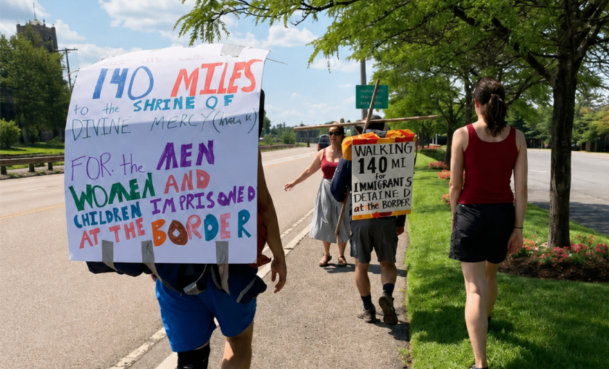 Plymouth Justice Walk organizer Chris Tansey says this is the second time he and his friend Connor May have planned a walk to raise awareness about immigrant justice. This photo is from the first walk in 2019 from Dorchester to the Shrine of Divine Mercy in Stockbridge. The purpose was to raise awareness about U.S. immigration policy that allowed for the separation of immigrant children from their families at the U.S.-Mexico border.