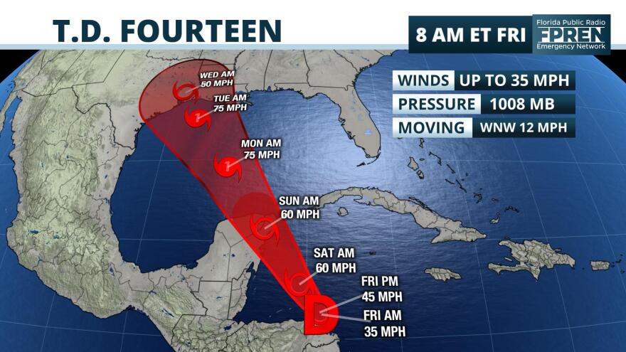 A  map of the Gulf Coast of the United States showing a possible path for Tropical Depression 14 as of 8/22/2020 10:30 a.m. This forecast is NOT certain. 