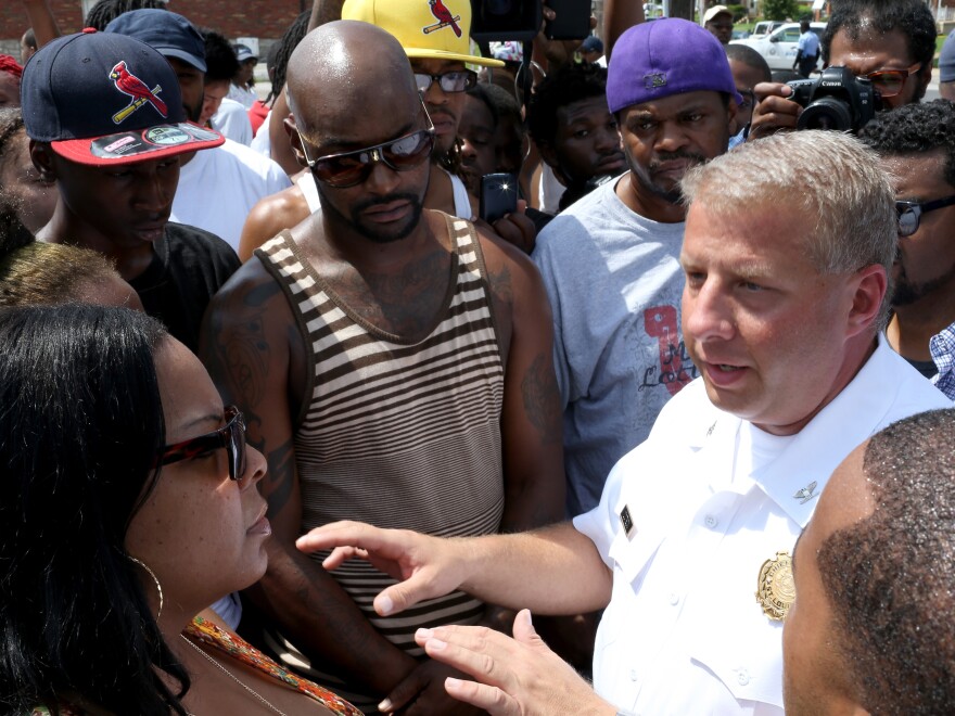 St. Louis Police Chief Sam Dotson talks to a crowd about the shooting Tuesday.