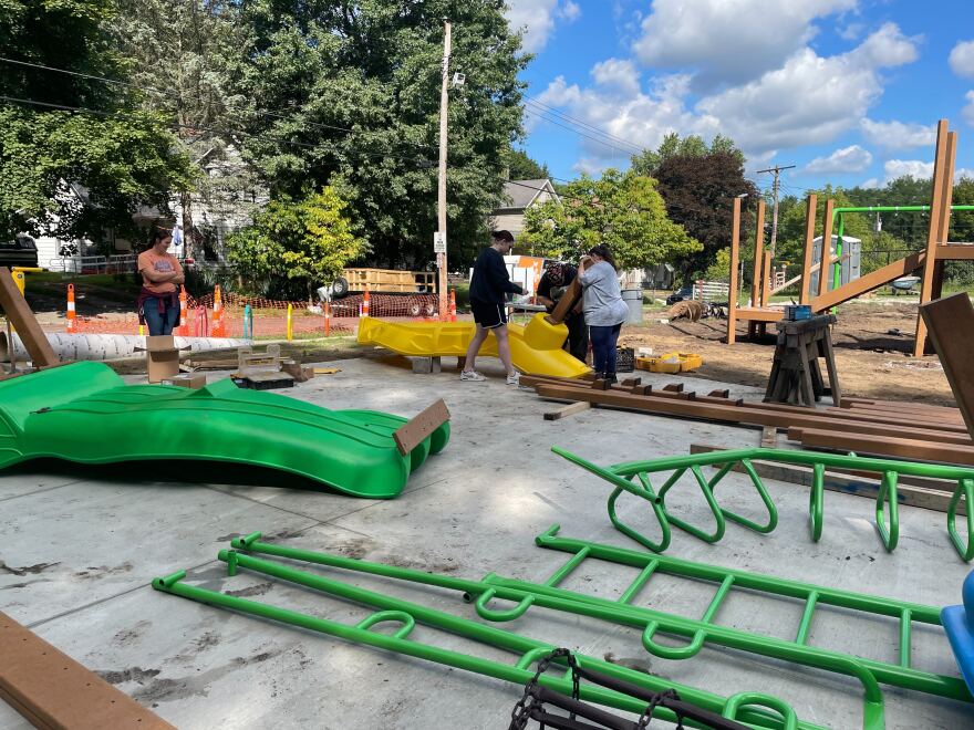 Playground equipment being put together in Jewett Park