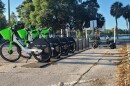A row of Lime bikes in St. Petersburg wait to be rented.