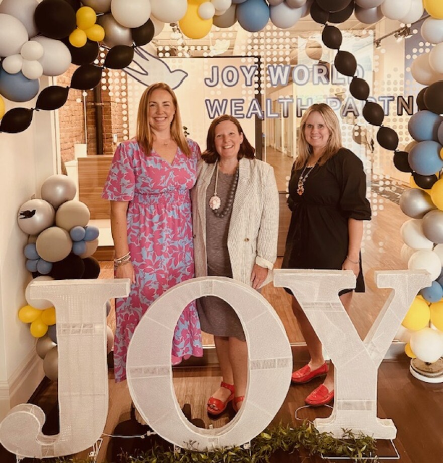 From left: Megan Alpert, founder of Joy World Wealth Partners, Jeannine Luby, founder of Laugh to Live, and Joanna Connor, director of client services at Joy World Wealth