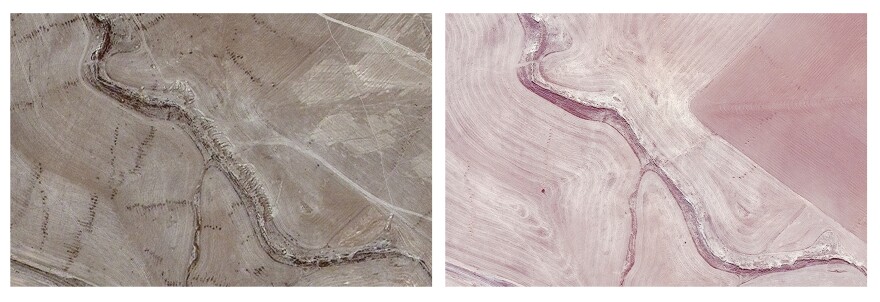 This combination of two satellite images provided by AllSource Analysis shows a suspected mass grave site with tire tracks leading to a ravine (top left) and evidence of digging along the ravine at Badoush Prison in Mosul, Iraq, on July 17, 2014, (left) and the site on Nov. 15, 2013, (right).