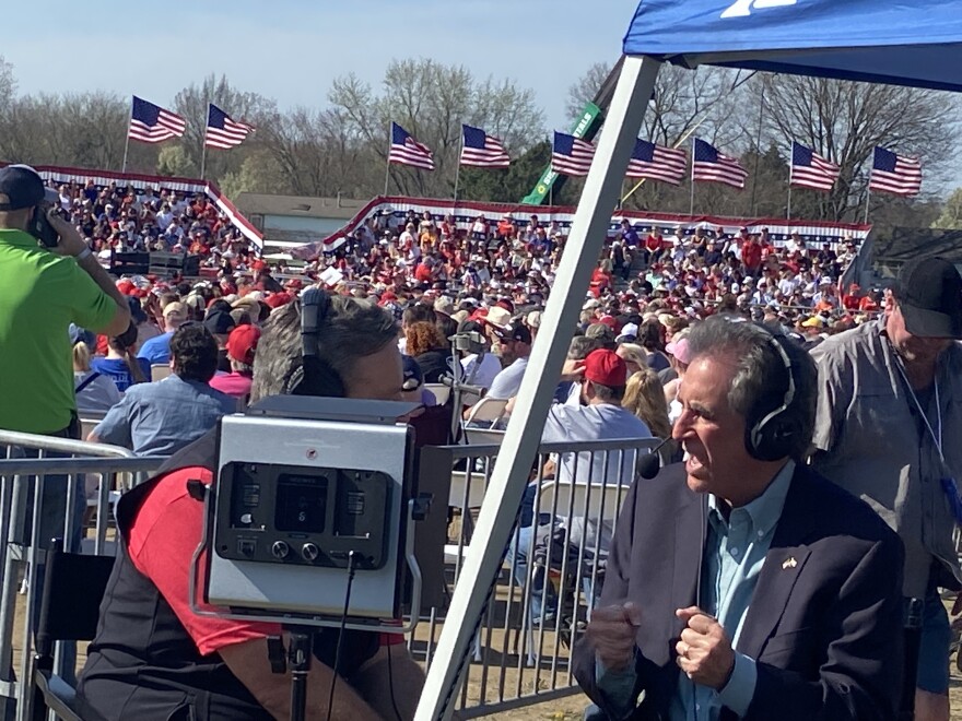 Former Ohio Congressman Jim Renacci, who is running against DeWine and farmer Joe Blystone in the GOP primary, speaks to a reporter at the Delaware County Fairgrounds on April 23, 2022