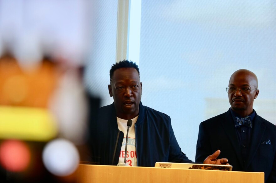 Jamel Ridgenal speaks in Norfolk on Aug. 6, 2026 about his support for a Virginia constitutional amendment to allow automatic restoration of voting rights to people with felony convictions who have completed their sentences.