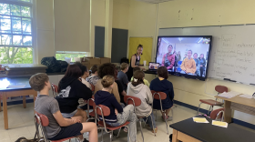 Middle school students and instructor Emily Schiffer in Provincetown IB Schools video call with their pen pals in Mertarvik on June 3, 2025.