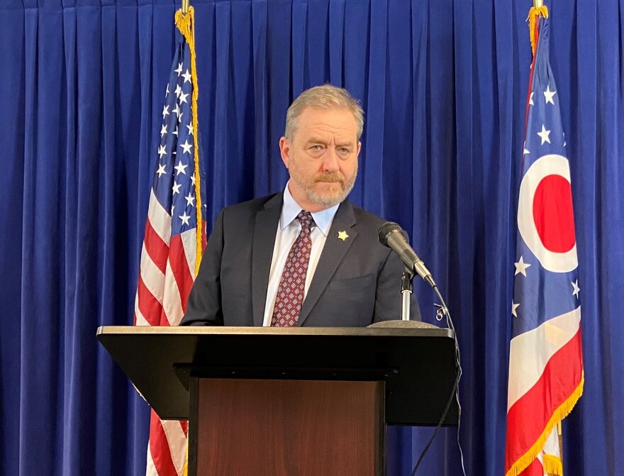 Attorney General Dave Yost speaks to reporters at a press conference in February 2020. [Karen Kasler]