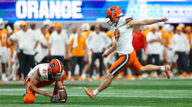 Syracuse placekicker Trip Woody attempts a field goal in SU’s 45-26 loss to No. 24 Tennessee on August 30, 2025. Woody returns to the Orange in 2026 for his second year with the program.